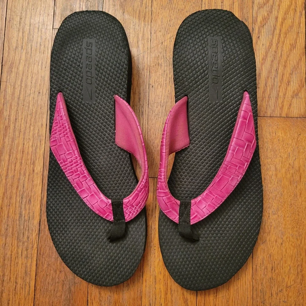 Speedo 10 Platform Flip Flops Pink Black Textured Wedge Thong Sandals Beach